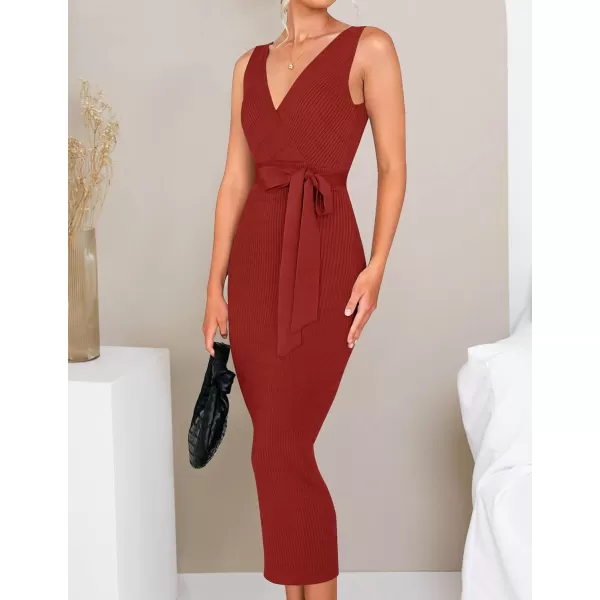 imageZESICA Womens 2023 Summer Knitted Bodycon Midi Dress Elegant Wrap V Neck Sleeveless Tie Waist Sweater DressesRed