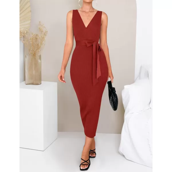 imageZESICA Womens 2023 Summer Knitted Bodycon Midi Dress Elegant Wrap V Neck Sleeveless Tie Waist Sweater DressesRed