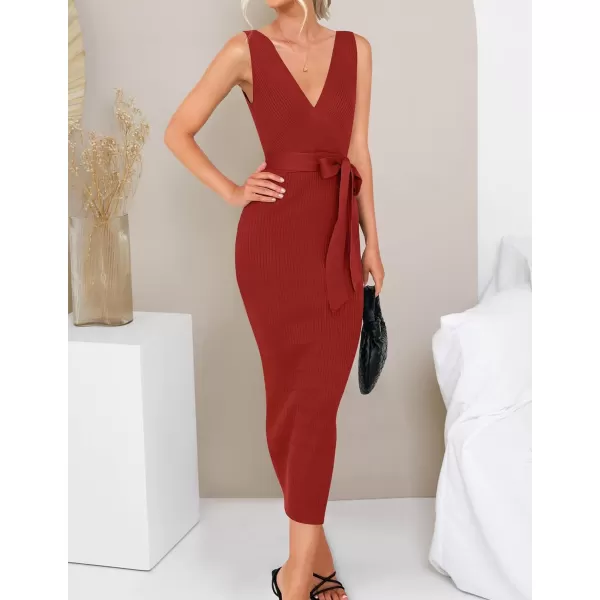 imageZESICA Womens 2023 Summer Knitted Bodycon Midi Dress Elegant Wrap V Neck Sleeveless Tie Waist Sweater DressesRed