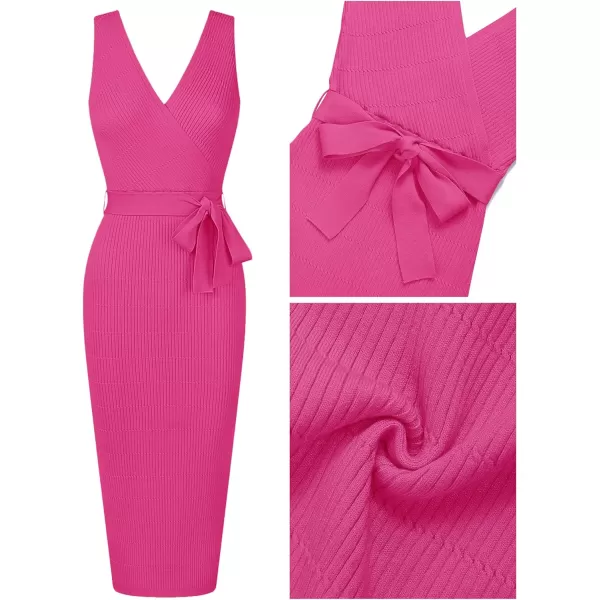 imageZESICA Womens 2023 Summer Knitted Bodycon Midi Dress Elegant Wrap V Neck Sleeveless Tie Waist Sweater DressesRose