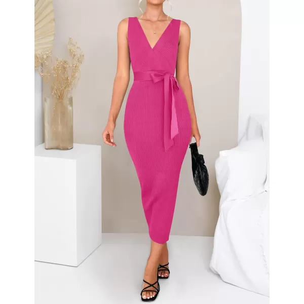 imageZESICA Womens 2023 Summer Knitted Bodycon Midi Dress Elegant Wrap V Neck Sleeveless Tie Waist Sweater DressesRose