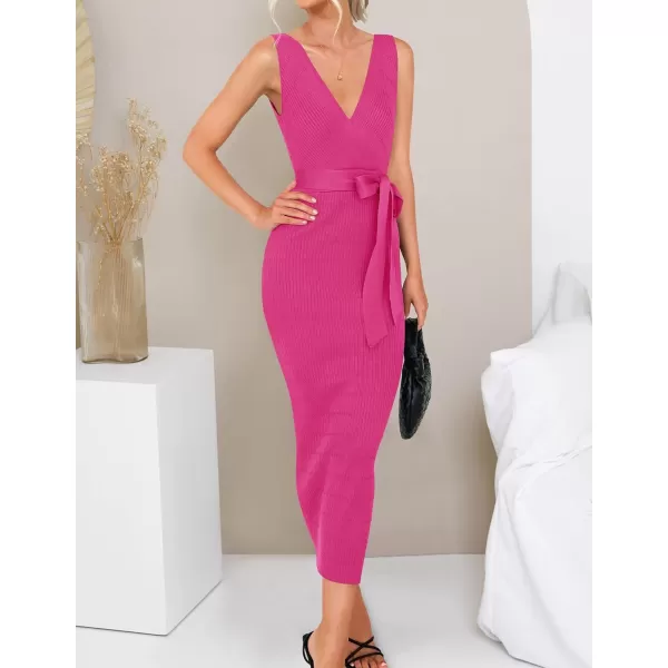 imageZESICA Womens 2023 Summer Knitted Bodycon Midi Dress Elegant Wrap V Neck Sleeveless Tie Waist Sweater DressesRose
