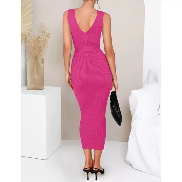 imageZESICA Womens 2023 Summer Knitted Bodycon Midi Dress Elegant Wrap V Neck Sleeveless Tie Waist Sweater DressesRose
