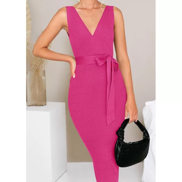 imageZESICA Womens 2023 Summer Knitted Bodycon Midi Dress Elegant Wrap V Neck Sleeveless Tie Waist Sweater DressesRose