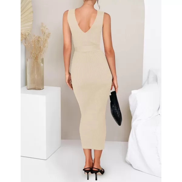 imageZESICA Womens 2023 Summer Knitted Bodycon Midi Dress Elegant Wrap V Neck Sleeveless Tie Waist Sweater DressesSand