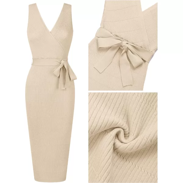 imageZESICA Womens 2023 Summer Knitted Bodycon Midi Dress Elegant Wrap V Neck Sleeveless Tie Waist Sweater DressesSand