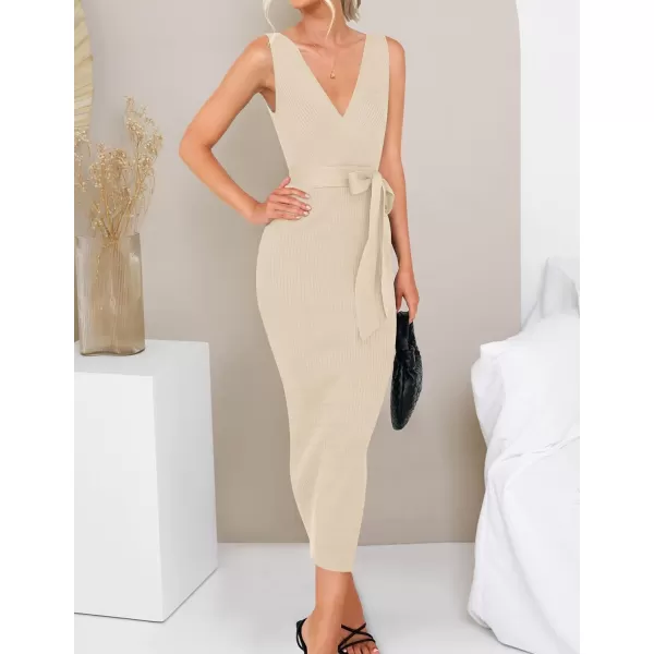 imageZESICA Womens 2023 Summer Knitted Bodycon Midi Dress Elegant Wrap V Neck Sleeveless Tie Waist Sweater DressesSand