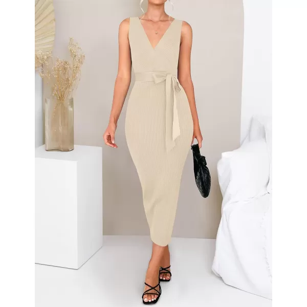 imageZESICA Womens 2023 Summer Knitted Bodycon Midi Dress Elegant Wrap V Neck Sleeveless Tie Waist Sweater DressesSand