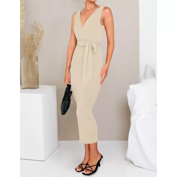imageZESICA Womens 2023 Summer Knitted Bodycon Midi Dress Elegant Wrap V Neck Sleeveless Tie Waist Sweater DressesSand