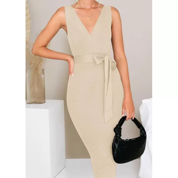 imageZESICA Womens 2023 Summer Knitted Bodycon Midi Dress Elegant Wrap V Neck Sleeveless Tie Waist Sweater DressesSand