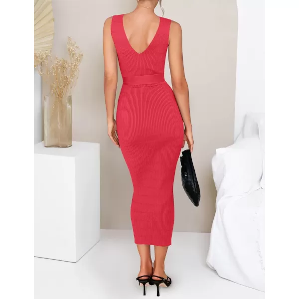 imageZESICA Womens 2023 Summer Knitted Bodycon Midi Dress Elegant Wrap V Neck Sleeveless Tie Waist Sweater DressesWatermelon