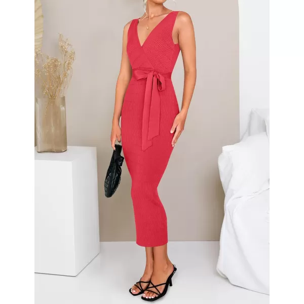 imageZESICA Womens 2023 Summer Knitted Bodycon Midi Dress Elegant Wrap V Neck Sleeveless Tie Waist Sweater DressesWatermelon
