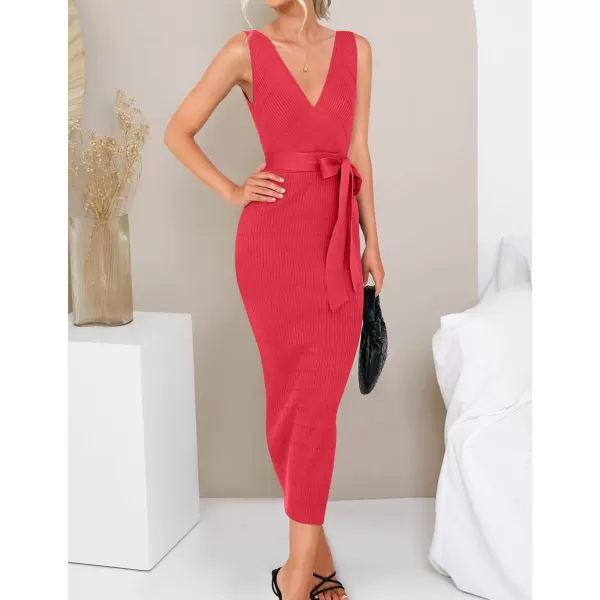 imageZESICA Womens 2023 Summer Knitted Bodycon Midi Dress Elegant Wrap V Neck Sleeveless Tie Waist Sweater DressesWatermelon