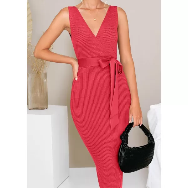 imageZESICA Womens 2023 Summer Knitted Bodycon Midi Dress Elegant Wrap V Neck Sleeveless Tie Waist Sweater DressesWatermelon