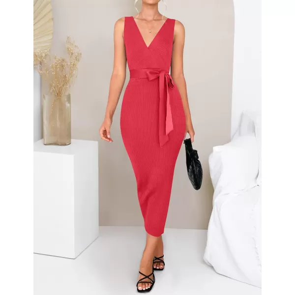 imageZESICA Womens 2023 Summer Knitted Bodycon Midi Dress Elegant Wrap V Neck Sleeveless Tie Waist Sweater DressesWatermelon