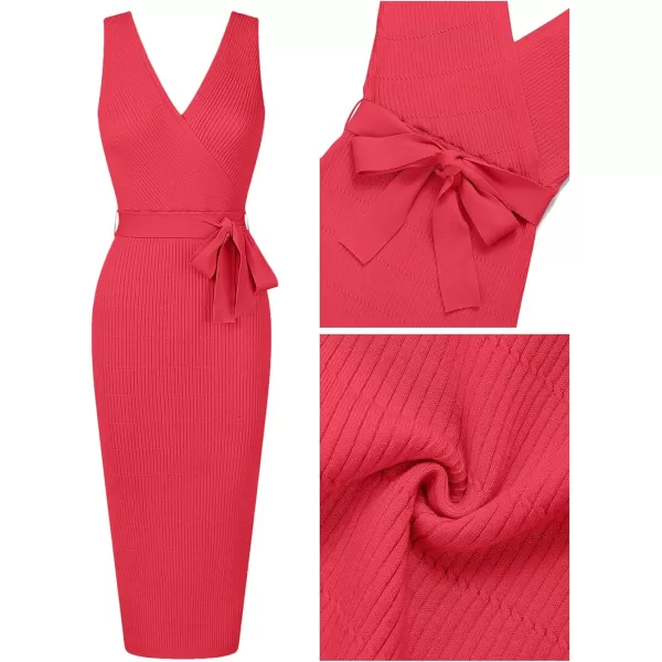 imageZESICA Womens 2023 Summer Knitted Bodycon Midi Dress Elegant Wrap V Neck Sleeveless Tie Waist Sweater DressesWatermelon