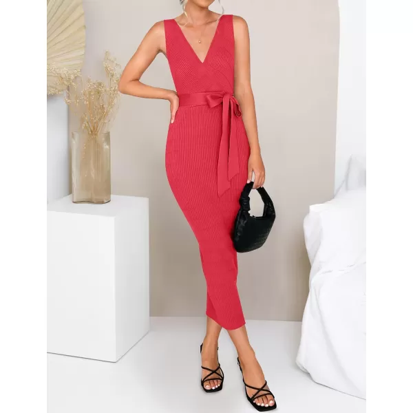 imageZESICA Womens 2023 Summer Knitted Bodycon Midi Dress Elegant Wrap V Neck Sleeveless Tie Waist Sweater DressesWatermelon