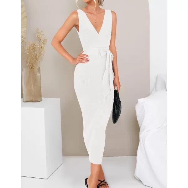 imageZESICA Womens 2023 Summer Knitted Bodycon Midi Dress Elegant Wrap V Neck Sleeveless Tie Waist Sweater DressesWhite