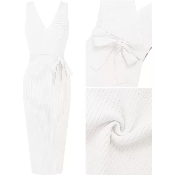 imageZESICA Womens 2023 Summer Knitted Bodycon Midi Dress Elegant Wrap V Neck Sleeveless Tie Waist Sweater DressesWhite