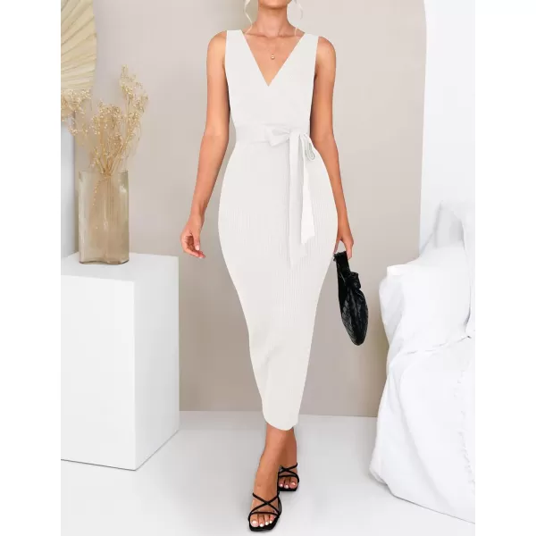 imageZESICA Womens 2023 Summer Knitted Bodycon Midi Dress Elegant Wrap V Neck Sleeveless Tie Waist Sweater DressesWhite