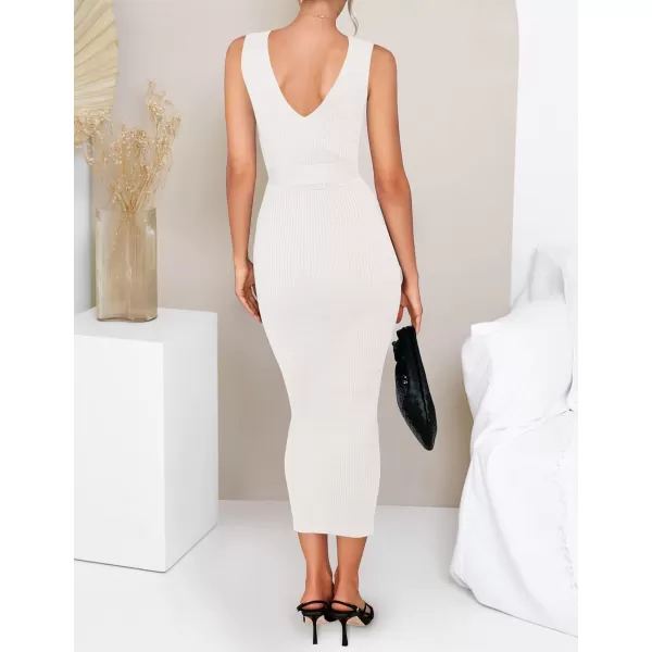 imageZESICA Womens 2023 Summer Knitted Bodycon Midi Dress Elegant Wrap V Neck Sleeveless Tie Waist Sweater DressesWhite