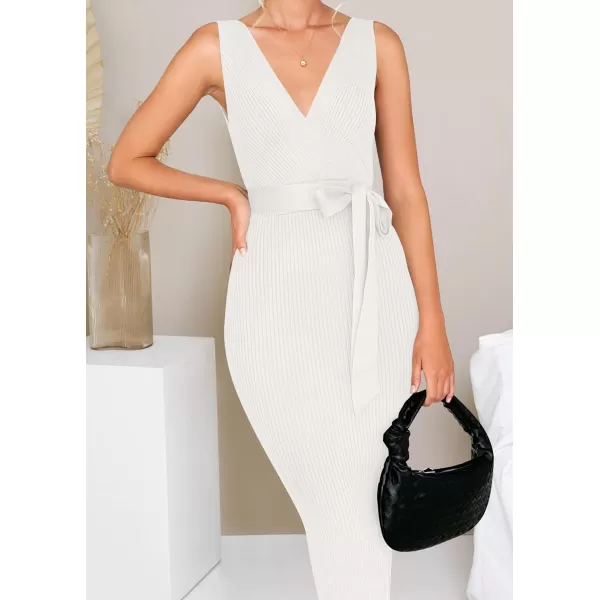 imageZESICA Womens 2023 Summer Knitted Bodycon Midi Dress Elegant Wrap V Neck Sleeveless Tie Waist Sweater DressesWhite