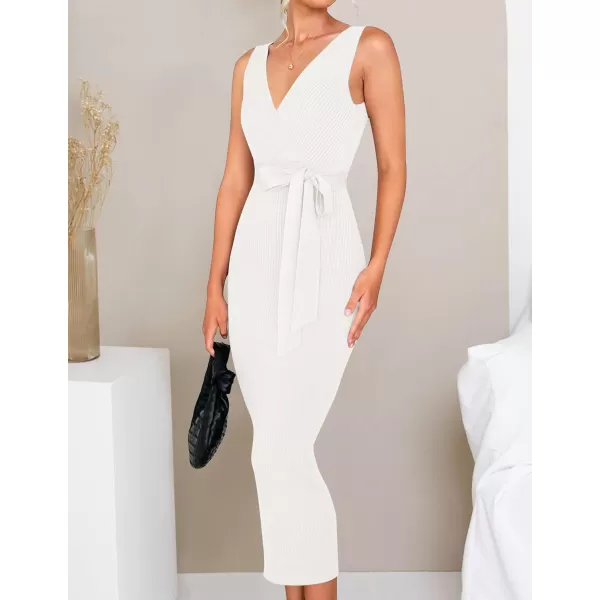 imageZESICA Womens 2023 Summer Knitted Bodycon Midi Dress Elegant Wrap V Neck Sleeveless Tie Waist Sweater DressesWhite