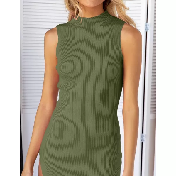 imageZESICA Womens 2023 Summer Knitted Sweater Dress Sleeveless Mock Neck Ribbed Side Slit Bodycon Tank Midi DressesArmygreen