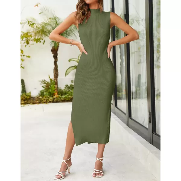 imageZESICA Womens 2023 Summer Knitted Sweater Dress Sleeveless Mock Neck Ribbed Side Slit Bodycon Tank Midi DressesArmygreen