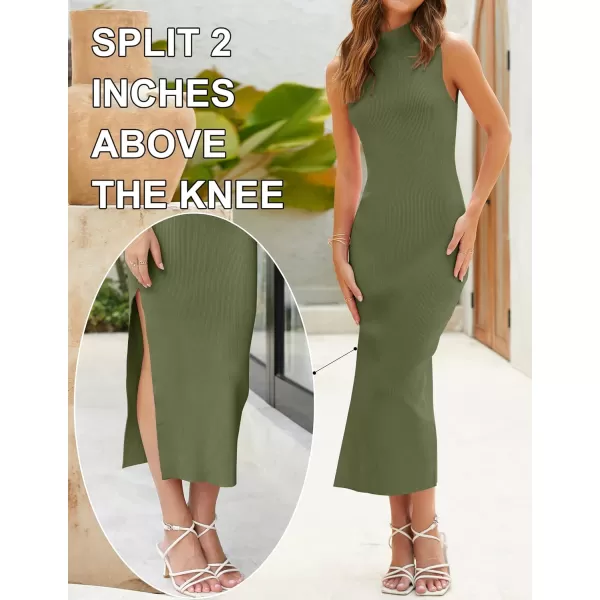 imageZESICA Womens 2023 Summer Knitted Sweater Dress Sleeveless Mock Neck Ribbed Side Slit Bodycon Tank Midi DressesArmygreen