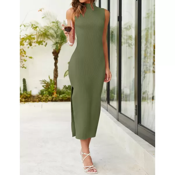 imageZESICA Womens 2023 Summer Knitted Sweater Dress Sleeveless Mock Neck Ribbed Side Slit Bodycon Tank Midi DressesArmygreen