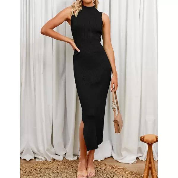 imageZESICA Womens 2023 Summer Knitted Sweater Dress Sleeveless Mock Neck Ribbed Side Slit Bodycon Tank Midi DressesBlack