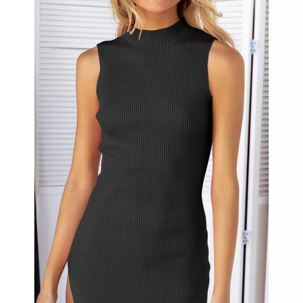 imageZESICA Womens 2023 Summer Knitted Sweater Dress Sleeveless Mock Neck Ribbed Side Slit Bodycon Tank Midi DressesBlack