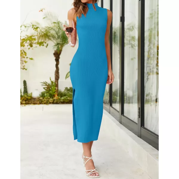 imageZESICA Womens 2023 Summer Knitted Sweater Dress Sleeveless Mock Neck Ribbed Side Slit Bodycon Tank Midi DressesCobaltblue