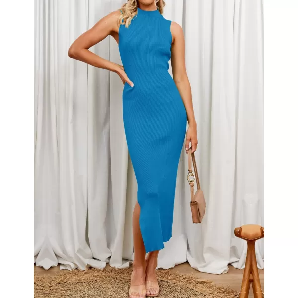 imageZESICA Womens 2023 Summer Knitted Sweater Dress Sleeveless Mock Neck Ribbed Side Slit Bodycon Tank Midi DressesCobaltblue