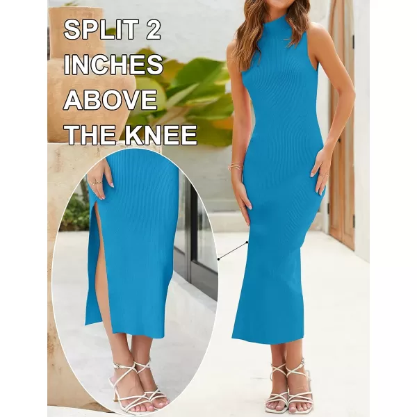 imageZESICA Womens 2023 Summer Knitted Sweater Dress Sleeveless Mock Neck Ribbed Side Slit Bodycon Tank Midi DressesCobaltblue