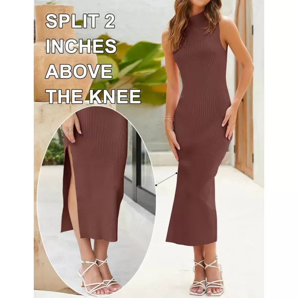 imageZESICA Womens 2023 Summer Knitted Sweater Dress Sleeveless Mock Neck Ribbed Side Slit Bodycon Tank Midi DressesCoffee