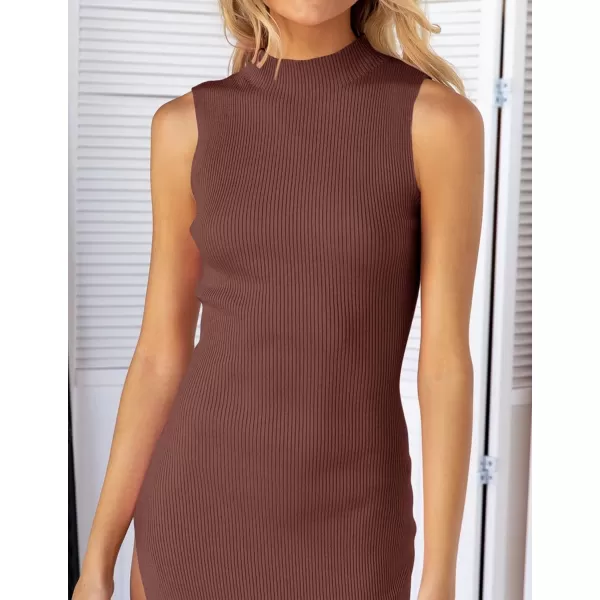 imageZESICA Womens 2023 Summer Knitted Sweater Dress Sleeveless Mock Neck Ribbed Side Slit Bodycon Tank Midi DressesCoffee