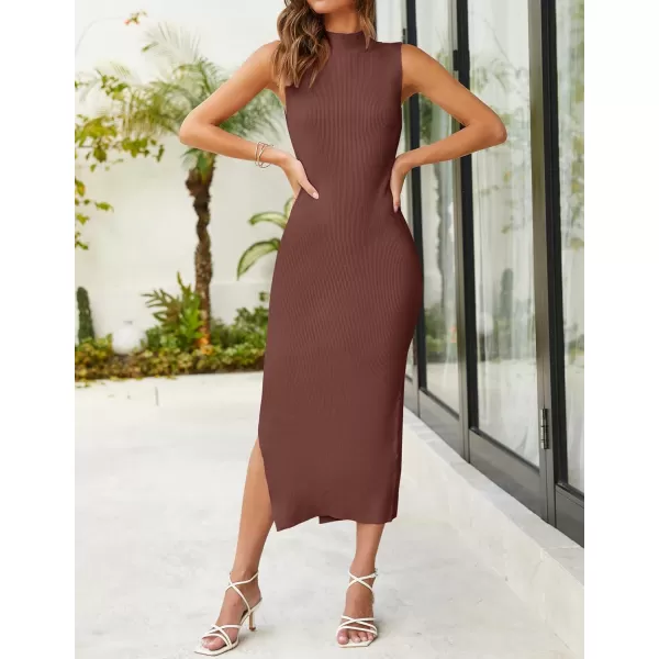 imageZESICA Womens 2023 Summer Knitted Sweater Dress Sleeveless Mock Neck Ribbed Side Slit Bodycon Tank Midi DressesCoffee