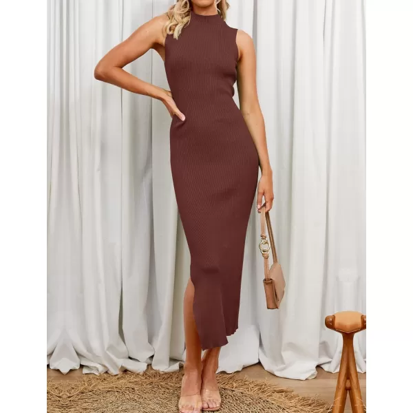 imageZESICA Womens 2023 Summer Knitted Sweater Dress Sleeveless Mock Neck Ribbed Side Slit Bodycon Tank Midi DressesCoffee