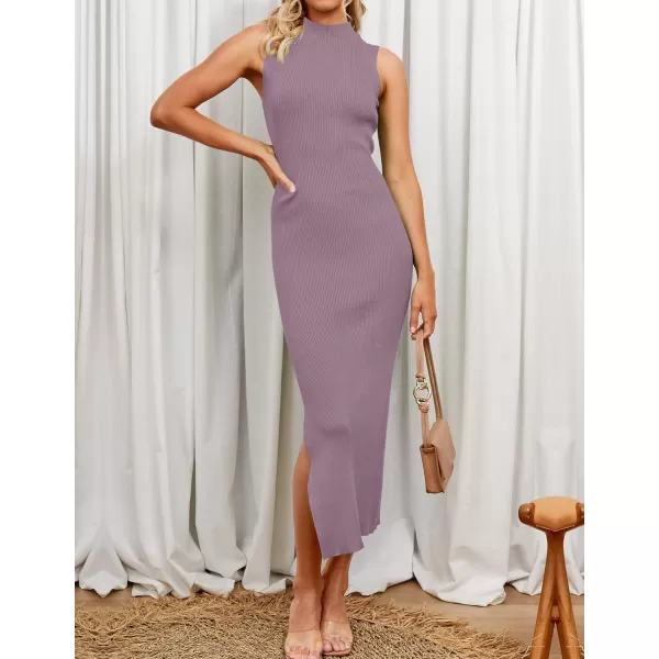 imageZESICA Womens 2023 Summer Knitted Sweater Dress Sleeveless Mock Neck Ribbed Side Slit Bodycon Tank Midi DressesDarkviolet