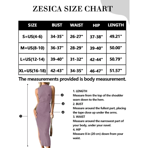 imageZESICA Womens 2023 Summer Knitted Sweater Dress Sleeveless Mock Neck Ribbed Side Slit Bodycon Tank Midi DressesDarkviolet
