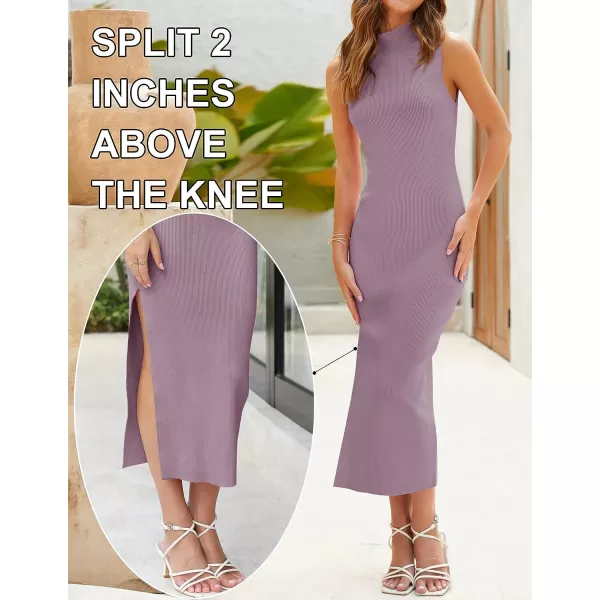 imageZESICA Womens 2023 Summer Knitted Sweater Dress Sleeveless Mock Neck Ribbed Side Slit Bodycon Tank Midi DressesDarkviolet