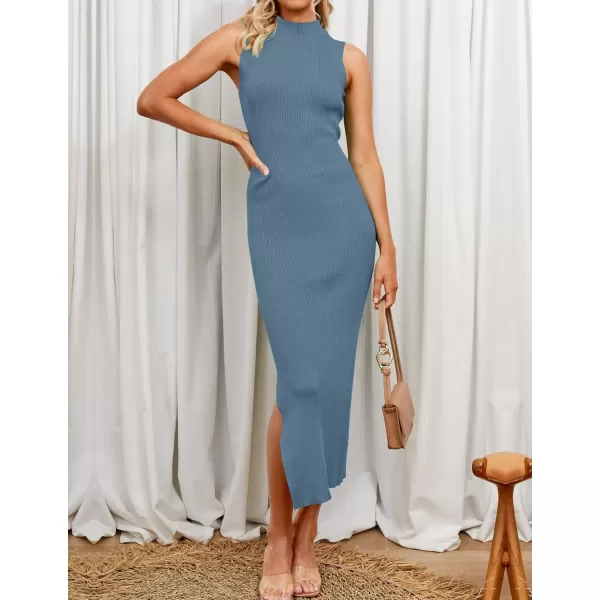 imageZESICA Womens 2023 Summer Knitted Sweater Dress Sleeveless Mock Neck Ribbed Side Slit Bodycon Tank Midi DressesDustyblue