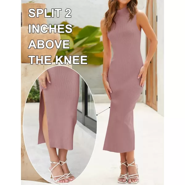 imageZESICA Womens 2023 Summer Knitted Sweater Dress Sleeveless Mock Neck Ribbed Side Slit Bodycon Tank Midi DressesDustypink