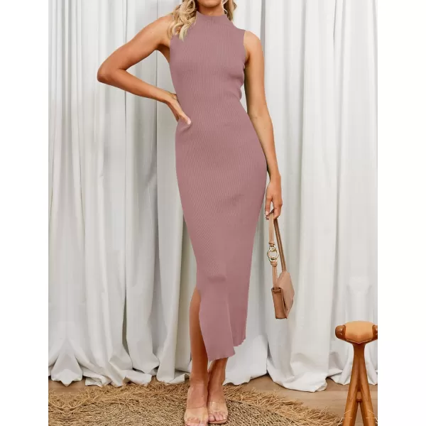 imageZESICA Womens 2023 Summer Knitted Sweater Dress Sleeveless Mock Neck Ribbed Side Slit Bodycon Tank Midi DressesDustypink