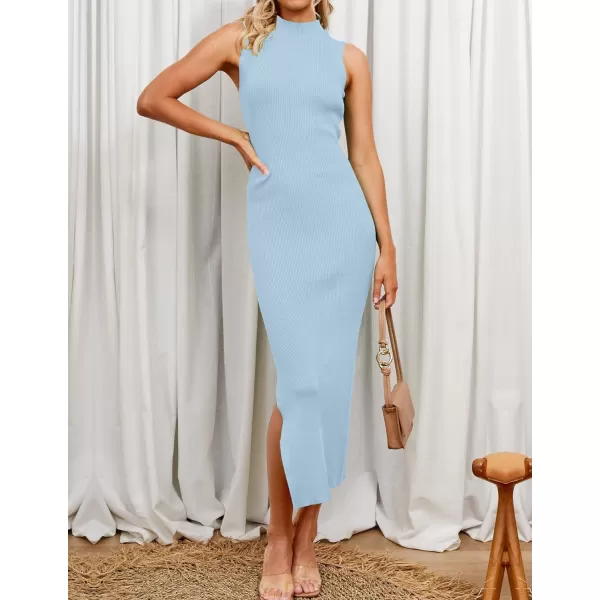 imageZESICA Womens 2023 Summer Knitted Sweater Dress Sleeveless Mock Neck Ribbed Side Slit Bodycon Tank Midi DressesLightblue