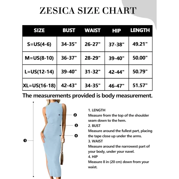 imageZESICA Womens 2023 Summer Knitted Sweater Dress Sleeveless Mock Neck Ribbed Side Slit Bodycon Tank Midi DressesLightblue