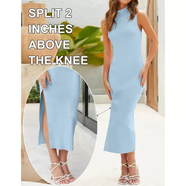 imageZESICA Womens 2023 Summer Knitted Sweater Dress Sleeveless Mock Neck Ribbed Side Slit Bodycon Tank Midi DressesLightblue