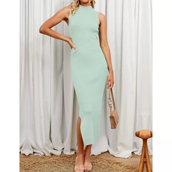 imageZESICA Womens 2023 Summer Knitted Sweater Dress Sleeveless Mock Neck Ribbed Side Slit Bodycon Tank Midi DressesLightgreen